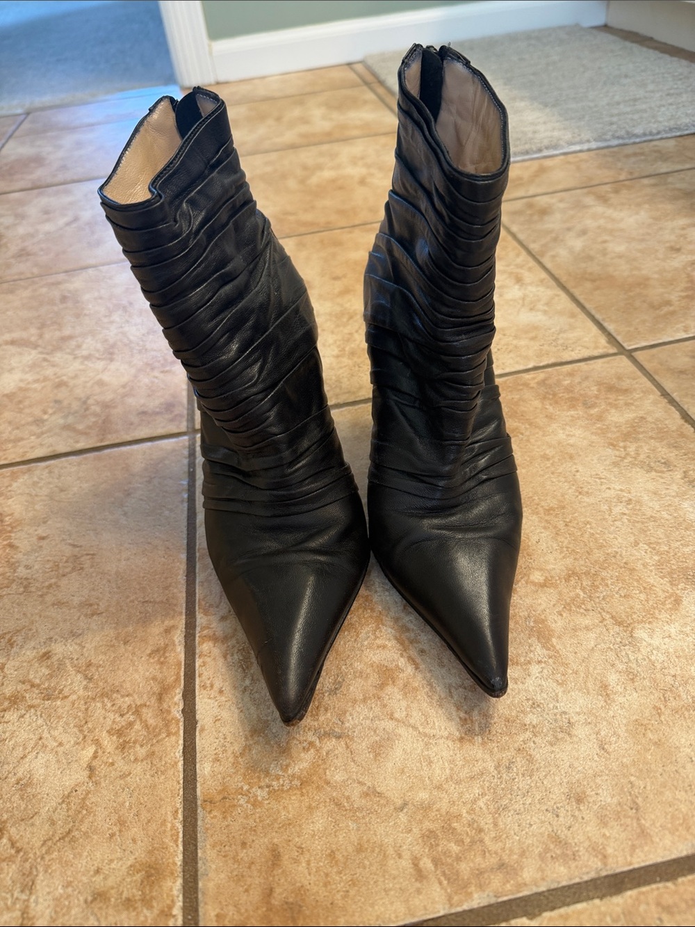 Manolo Blahnik Black Ruched Pointed-Toe Ankle Booties
